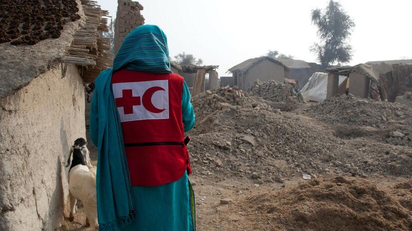 An IFRC delegate surveys damage in Ghalid Hussain Ghadi village in Sindh province, Pakistan, following intense flooding.