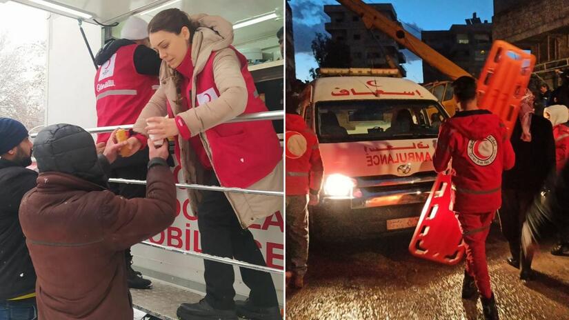 Turkish Red Crescent volunteers hand out hot drinks and food to people affected by the 6 February earthquakes. Syrian Arab Red Crescent volunteers arrive in an ambulance to provide urgent health assistance to those injured.