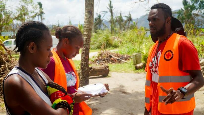 Vanuatu Red Cross volunteers Jeff and Hilda conduct damage assessments and relief distribution in Bladiniere, Port Vila.