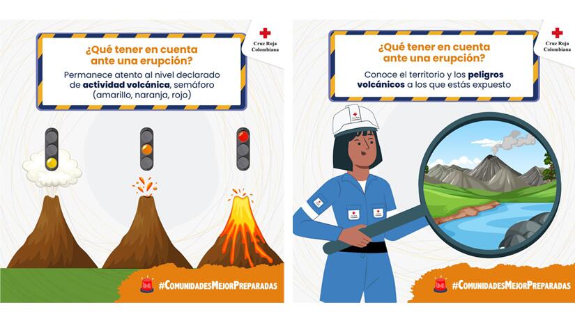 Ejemplos de dos gráficos producidos por la Cruz Roja Colombiana para difundir información sobre qué hacer ante una erupción volcánica. 