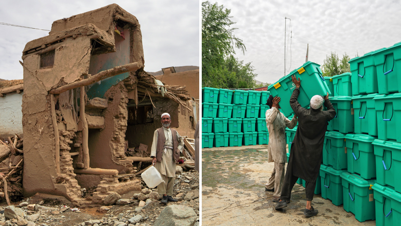 A man stands outside a house destroyed by flooding in Afghanistan in July 2023, while others prepare supplies to distribute to communities.