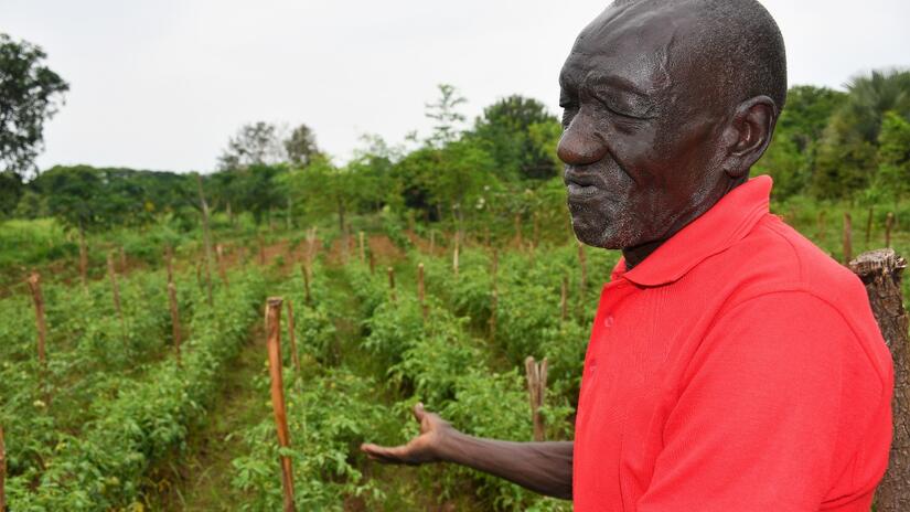 Andrea, a local farmer in Kapoeta, South Sudan, shows his newly planted crops which he hopes will survive the erratic weather conditions to provide good yields.