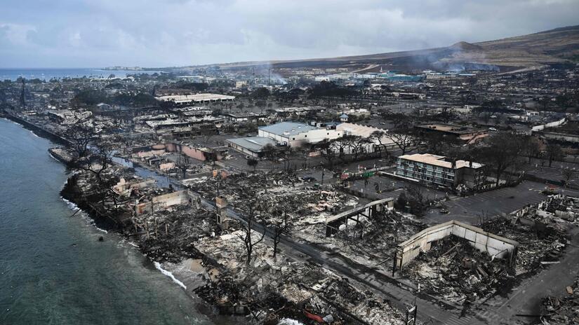 An aerial shot shows the extent of the damage caused by wildfires on Maui, Hawaii in August 2023.