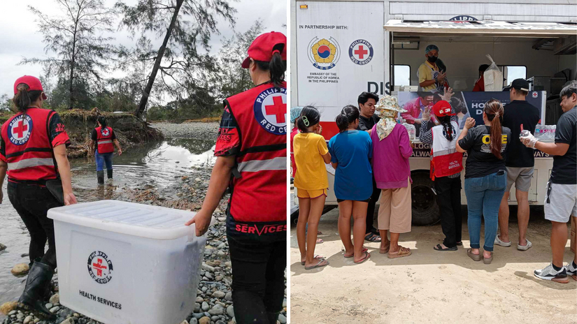 Philippine Red Cross volunteers carry medical equipment to communities affected by flooding and provide hot meals from mobile kitchens.