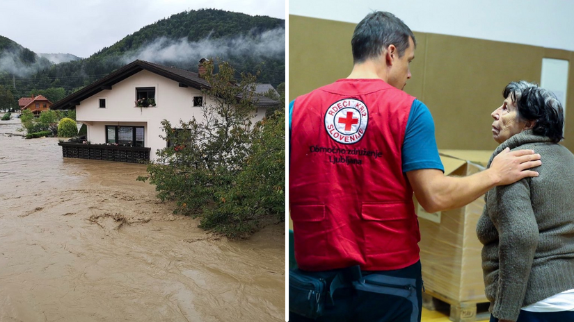 A Slovenian Red Cross volunteer comforts a woman affected by severe flooding in the country in summer 2023.