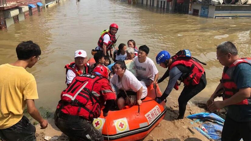 The Red Cross Society of China responds to floods caused by torrential rains in July 2021.