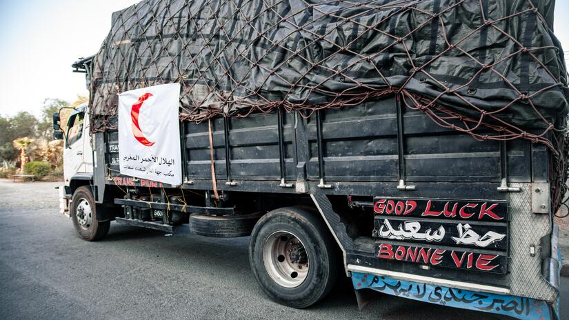 A fully laden MRCS truck heads to the province of Al Haouz, where various critical supplies were delivered to the remote village of Tajgalt, 2100m above sea level.