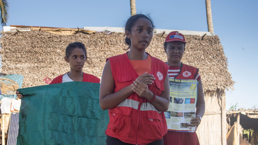 Malagasy Red Cross volunteer Valisoa Liesse Razafisalama leads a discussion aimed at helping all community members understand normal and critical physical processes such as menstruation, which often gets overlooked in the response following emergencies.
