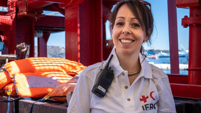 IFRC Operations Manager Sara Mancinelli aboard the Ocean Viking humanitarian rescue ship.