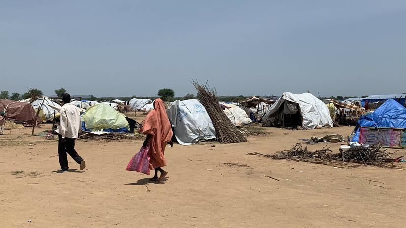 People displaced by violence in Sudan living in makeshift shelters at an encampment near the border with Chad in August 2023.