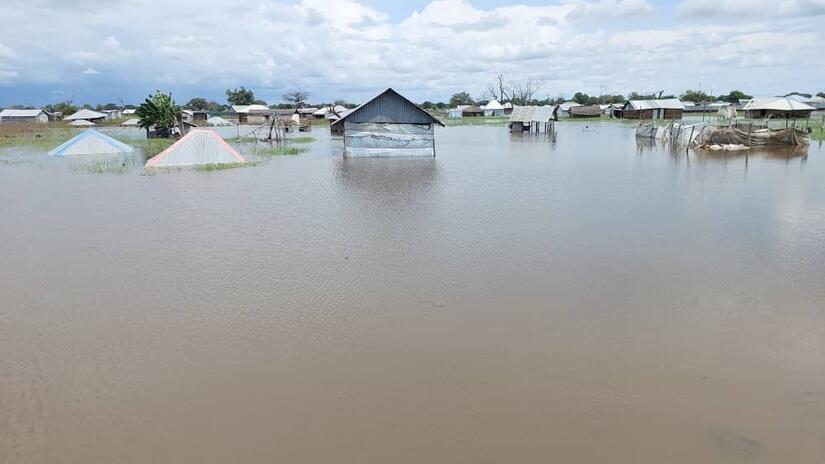 Houses in the town of Bor in Jonglei state, South Sudan, are covered in water following floods, one of many humanitarian challenges the South Sudan Red Cross has faced in recent years.