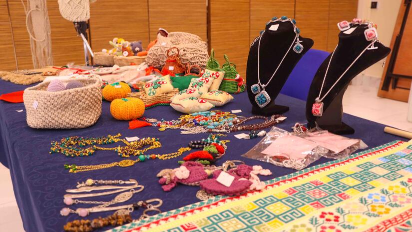 Some of the arts, crafts and trinkets put together by the women who took part in the Jordan Red Crescent’s vocational trainings.