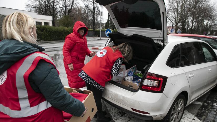 Volunteers with the Slovak Red Cross bring supplies to people displaced by the conflict in Ukraine.