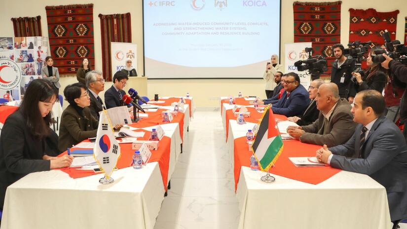KOICA, IFRC and Jordan Red Crescent representatives during the launch of the “Addressing Water-Induced Community-Level Conflicts and Strengthening Water Systems, Community Adaptation, and Resilience Building” initiative.