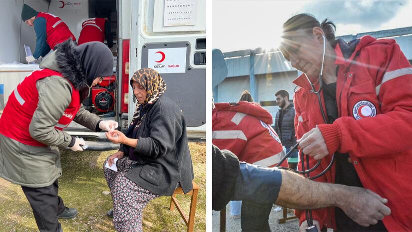 A volunteer with the Turkish Red Crescent (left) provides care to an elderly woman as part of a mobile health clinic supporting earthquake survivors. At right, a Syrian Arab Red Crescent health team cares for people in areas heavily impacted by the earthquake.