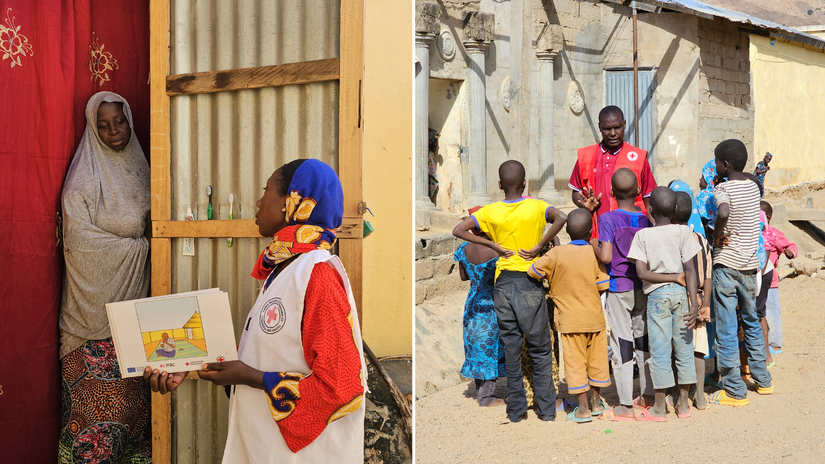 Un volontaire de la Croix-Rouge camerounaise rend visite à une femme, elle lui transmet des messages importants sur la prévention du choléra. À droite : un volontaire de la Croix-Rouge camerounaise s'adresse à un groupe d'enfants à Maroua, leur expliquant combien il est important de se laver les mains, de boire de l'eau propre et de prévenir leur famille s'ils se sentent malades.