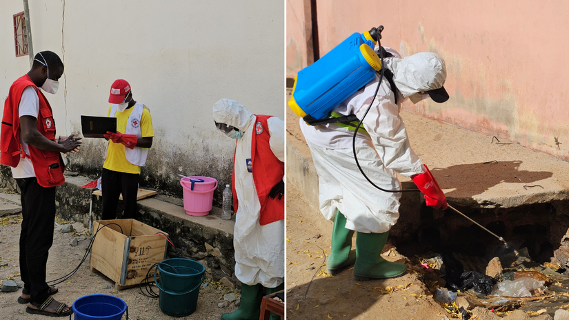 Les volontaires de la Croix-Rouge camerounaise utilisent une unité solaire pour produire du chlore destiné au traitement de l'eau et à la désinfection. Grâce à leur stock existant, ils ont réagi rapidement à l'épidémie de choléra. À droite : un volontaire désinfecte une zone insalubre à Maroua après la déclaration de l'épidémie.