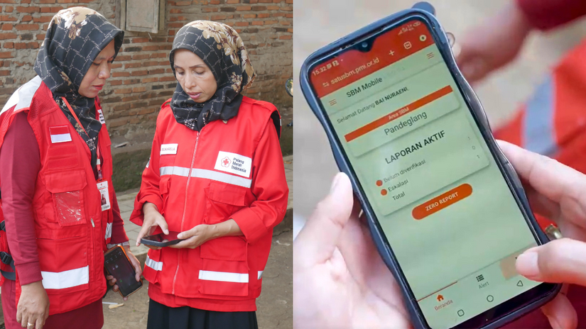 Indonesian Red Cross volunteers Bu Susi and Bu M’bai use a mobile phone-based community-based surveillance system called SatuSBM to report unusual health events in their community to their supervisor, who can then investigate quickly escalate to the local health authorities for rapid response to disease outbreaks.