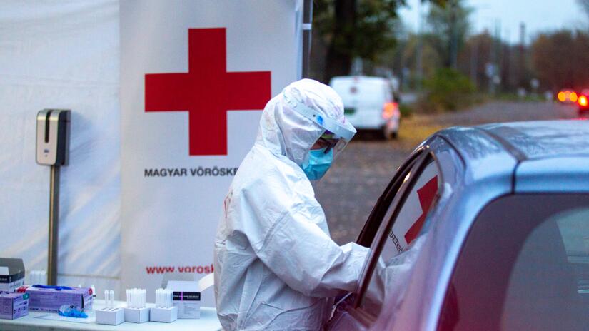 Budapest, Hungary. November 2020. Volunteers and staff from Hungarian Red Cross are involved in widespread mobile COVID-19 testing in the capital and across the country as Hungary experiences an alarm