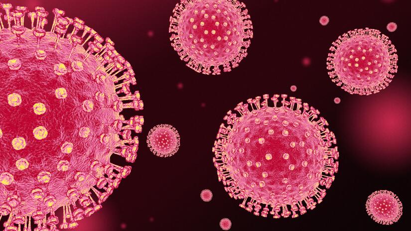 3d render impression of floating coronavirus cells. Coronaviruses cause respiratory tract infections in humans and are connected with common colds, pneumonia and severe acute respiratory syndrome (SAR