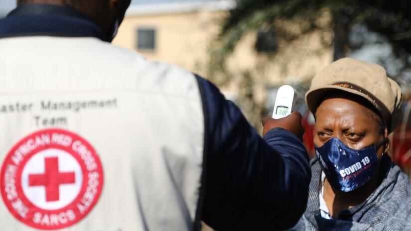 Johannesburg, South Africa. July 2020. COVID-19 testing by South African Red Cross Society at their Vereeniging branch in Vereeniging. On site, people are registered, screened and given behaviour chan