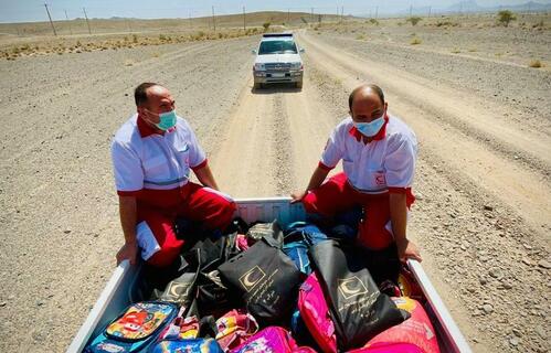 Iranian Red Crescent volunteers distribute food parcels, livelihood packages and hygiene kits to communities affected by drought. Drought in the country in 2021 and 2022 is hampering millions of people's access to water.