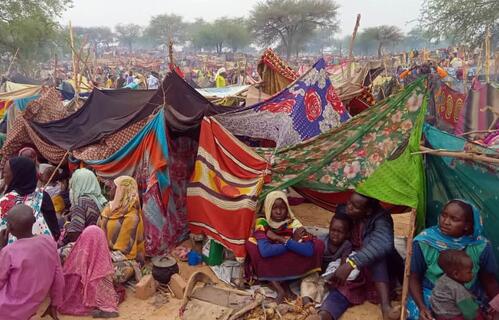 People fleeing conflict in Sudan in April 2023 arrive across the border in neighbouringChad. Most people are women, children and older people and are setting up tents with whatever they were able to carry with them.