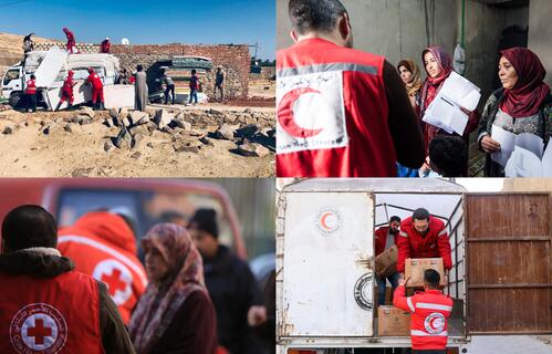 Top left: Egyptian Red Crescent volunteers responding to the floods in Aswan in southern Egypt. Top right: Jordan Red Crescent volunteers working to to register all refugees living outside the camps in order to distribute aid effectively and fairly in 2021., bottom left: Lebanese Red Cross volunteers distributing blankets and hygiene kits to 250 families at the a distribution point in Tripoli in Northern Lebanon. bottom right: Syrian Arab Red Crescent volunteers unload food, shelter items, hygiene kits.