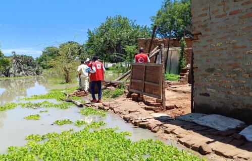 Volunteers from the Red Cross of Chad inspect damage caused by recent heavy floods