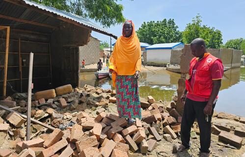 A Cameroon Red Cross volunteer speaks with a woman who stands on a pile of bricks that was made up part of her home before it was destroyed by flash floods.