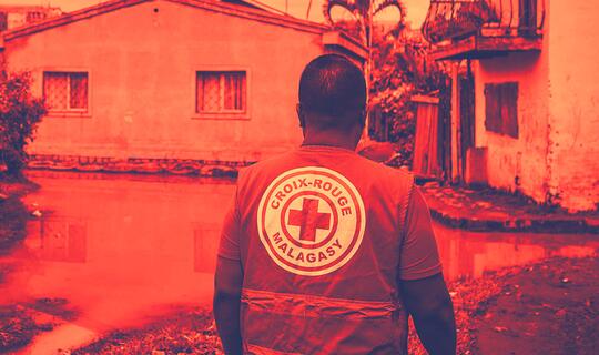 Madagascar Red Cross volunteer surveys the damage caused by a recent cyclone.