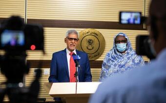 IFRC Secretary General Jagan Chapagain is interviewed by journalists during a visit to Sudan in October 2020