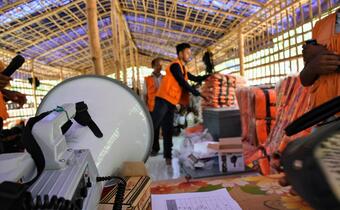 In Cox's Bazar refugee camp, Bangladesh Red Crescent Society volunteers are trained in cyclone preparedness and early warning measures to protect people from severe weather