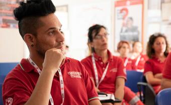 Italian Red Cross volunteers gather in Solferino, Italy for a training workshop on how to manage migrant reception centres