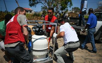 A WASH Emergency Response Unit (ERU) from the Spanish Red Cross set up safe water sources for communities n Mozambique affected by Cyclone Idai