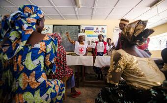 A Nigeria Red Cross volunteer and IFRC health delegate engage with mothers at a small health clinic in Hong to talk about good nutrition for children