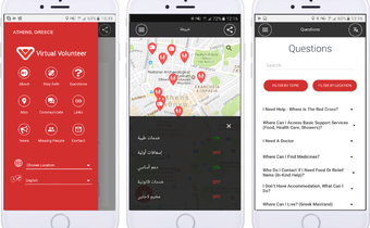 Three mobile phone displays showing the Virtual Volunteer app which provides vital information to people on the move in action