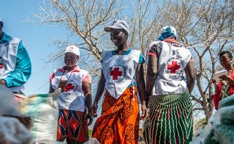 A group of volunteers with the Mozambique Red Cross manage the distribution of food supplies to their local community