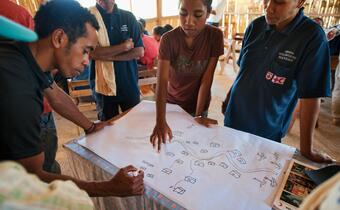 Timor Leste Red Cross volunteers work with members of a community to conduct an assessment on their vulnerabilities and existing capacities in terms of disasters, health promotion and livelihoods.