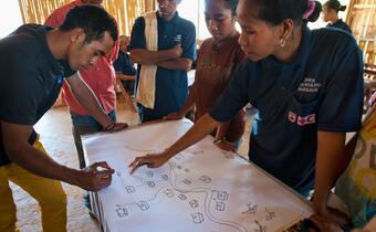Red Cross volunteers in Timor-Leste conduct a risk assessment exercise with members of a community in Lebidohe