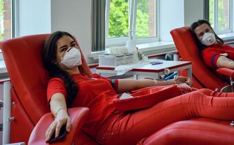 Ukrainian Red Cross volunteers donate blood during the COVID-19 pandemic