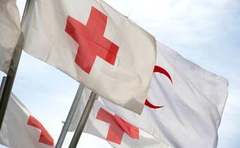 Red Cross and Red Crescent flags flying in the wind