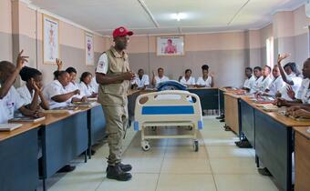 At the Zimbabwe Red Cross training centre in Highfields, Harare, a Red Cross instructor teaches some of the basic principles of how to administer first aid and provide basic healthcare. The ZRCS training centres provide many first aid and healthcare courses at different levels to students around Zimbabwe.