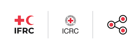 شعارات الإتحاد الدولي واللجنة الدولية للصليب الأحمر جنبًا إلى جنب، ورمز الجمعيات الوطنية 