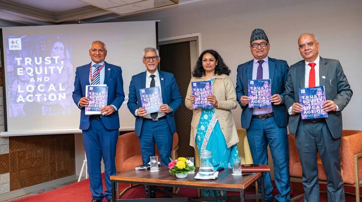 IFRC Secretary General, Jagan Chapagain, attends the Nepal launch of the World Disasters Report 'Trust, equity and local action' with the Nepal Red Cross Society and Government of Nepal in February 2023.